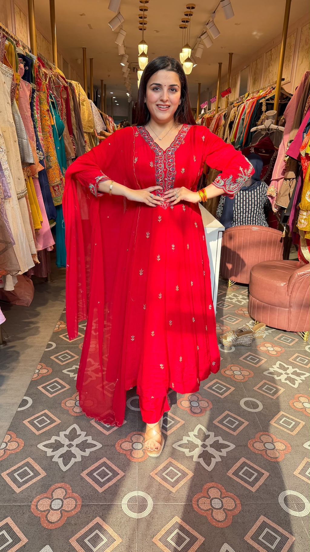Red Embroidered Anarkali Suit with Chiffon Dupatta