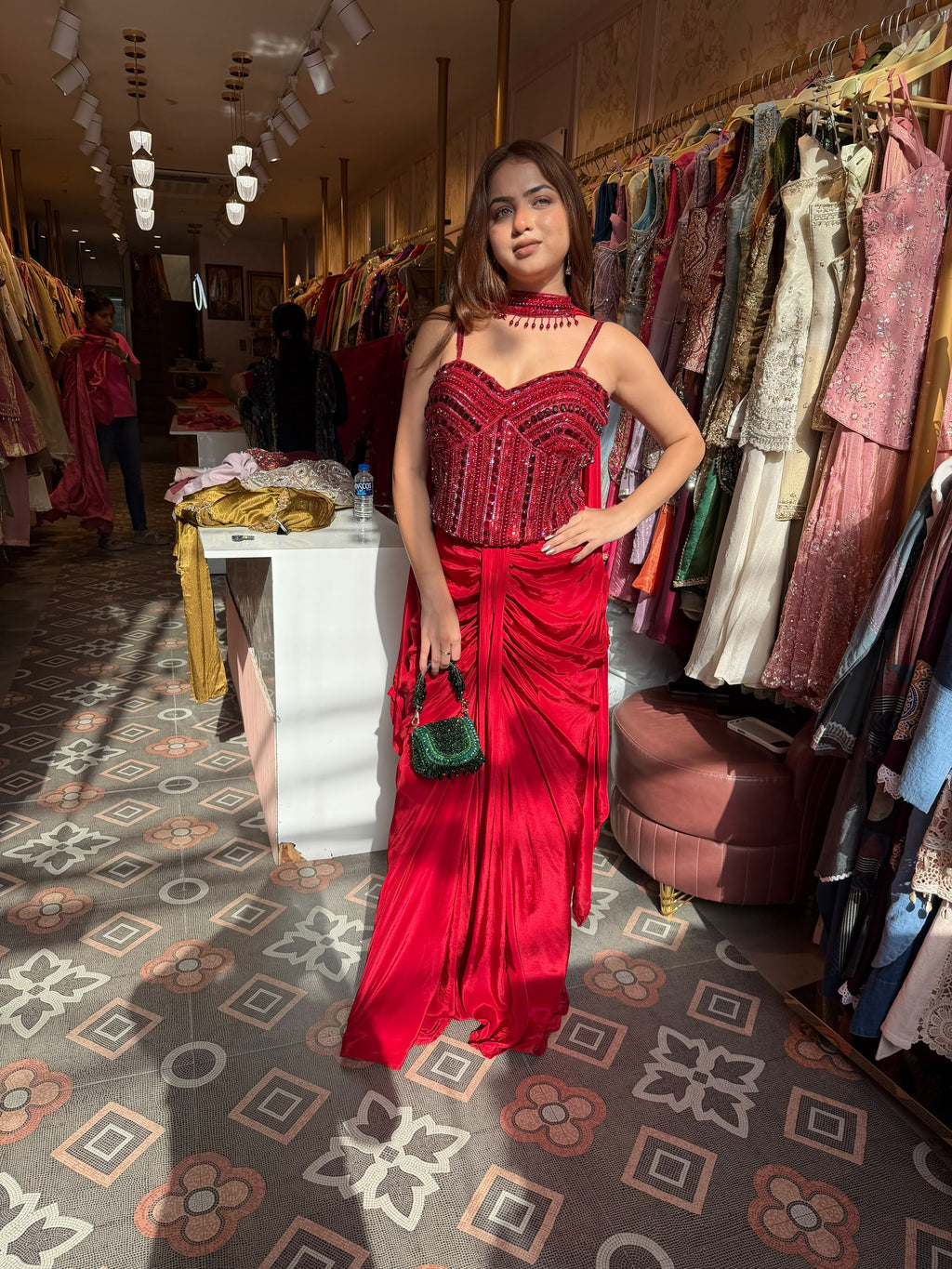Red Sequin Corset Top with Draped Skirt