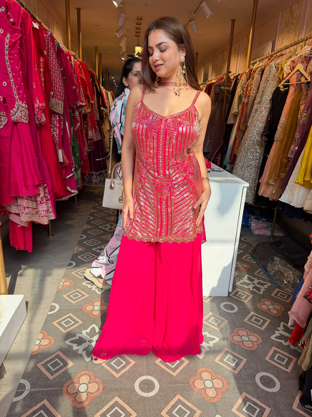 Rose Gold Embroidered Peplum Top with Palazzo Set
