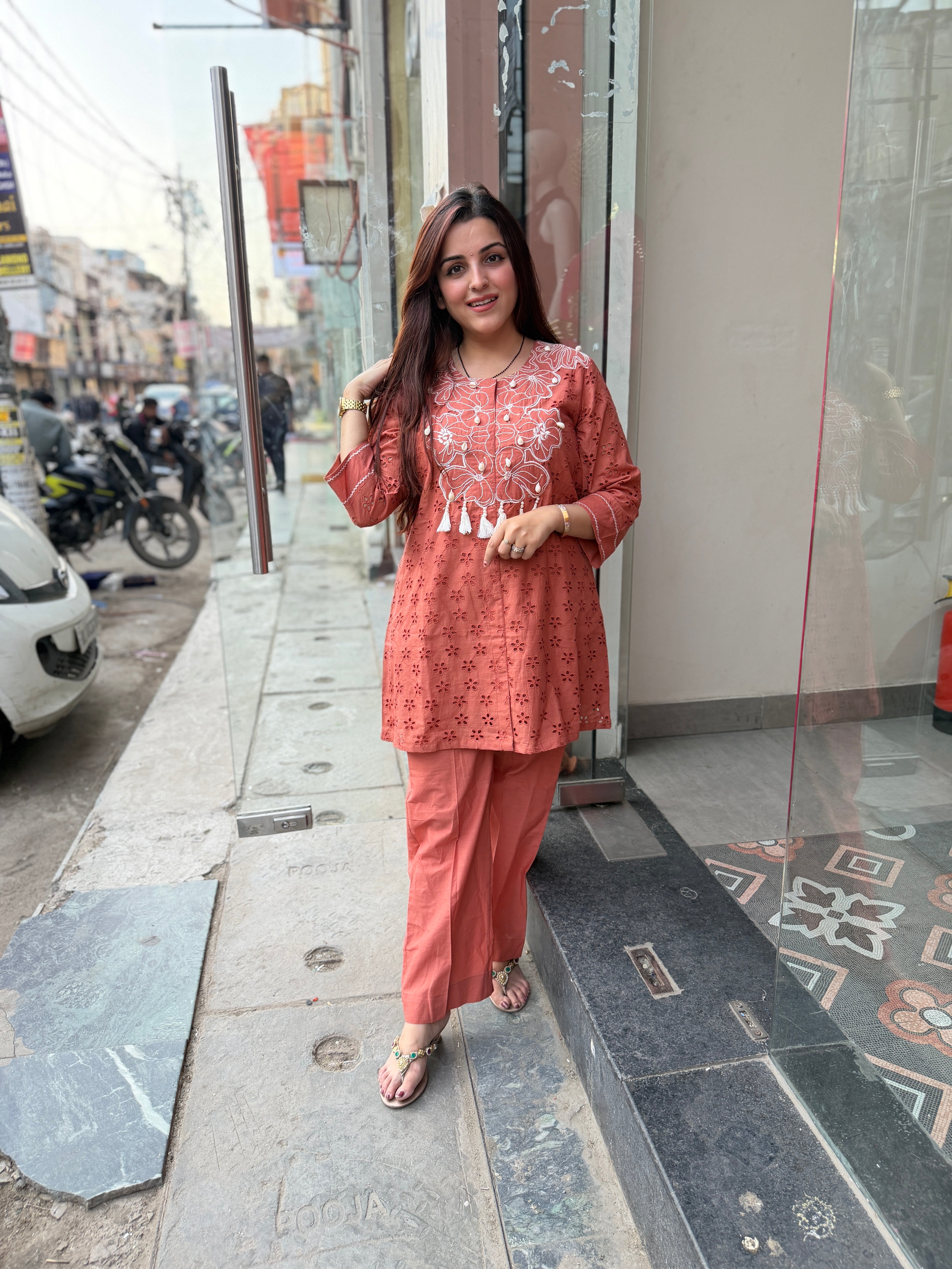 Rust cotton embroidered coord set