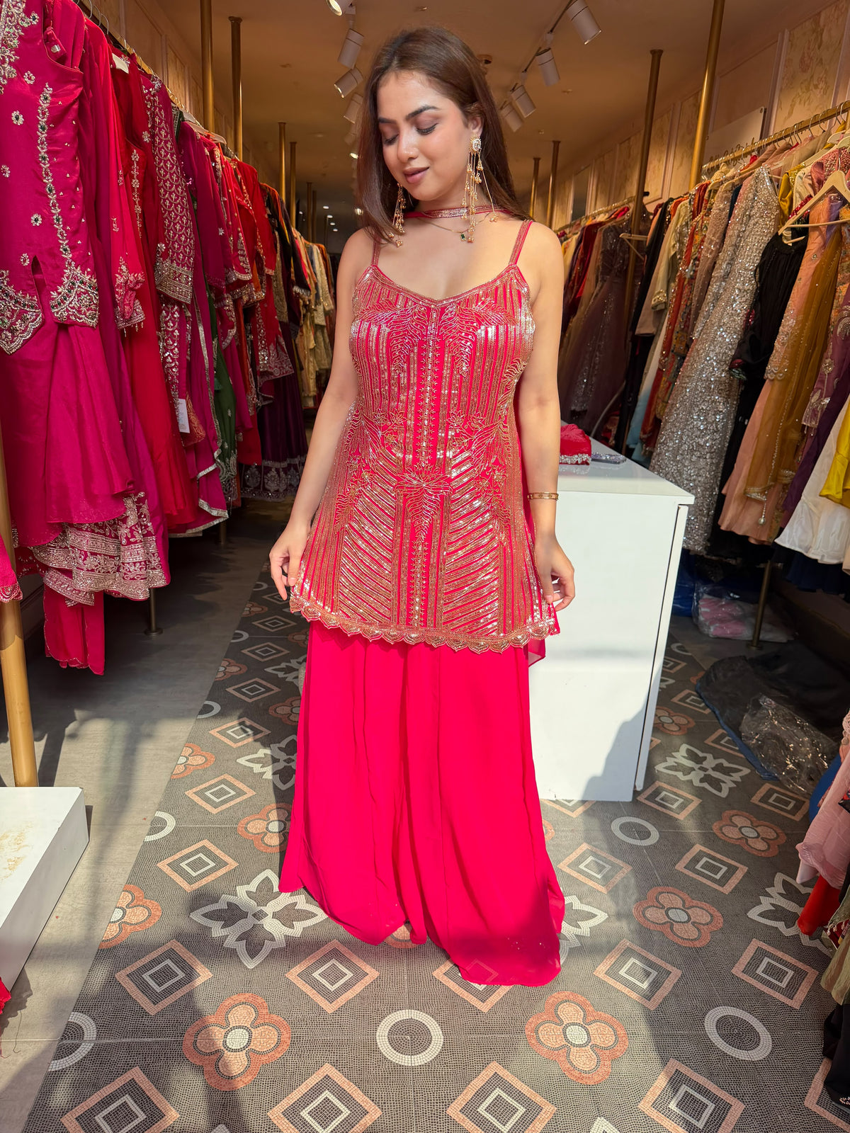Rose Gold Embroidered Peplum Top with Palazzo Set