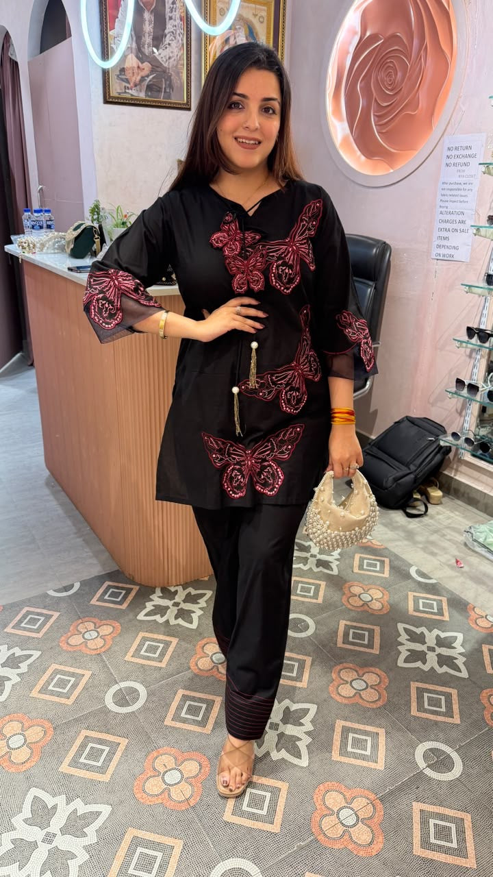 Untitled Black Embroidered Butterfly Motif Kurta Pant Set