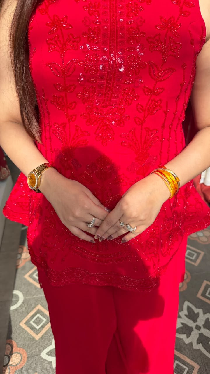 Red Embellished Indo-Western Peplum Gown / Palazzo Set