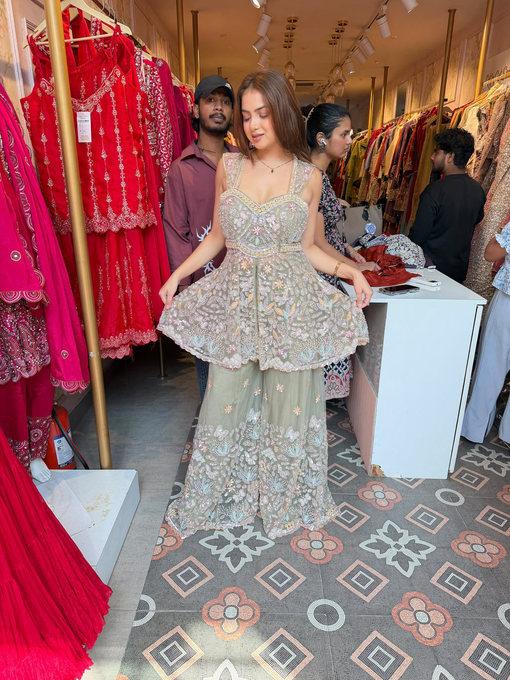 Green Embroidered Peplum Sharara Set