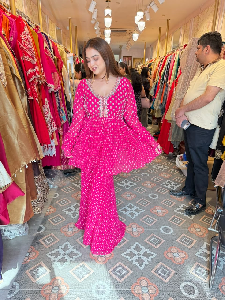 Hot Pink Embroidered Peplum Sharara Suit