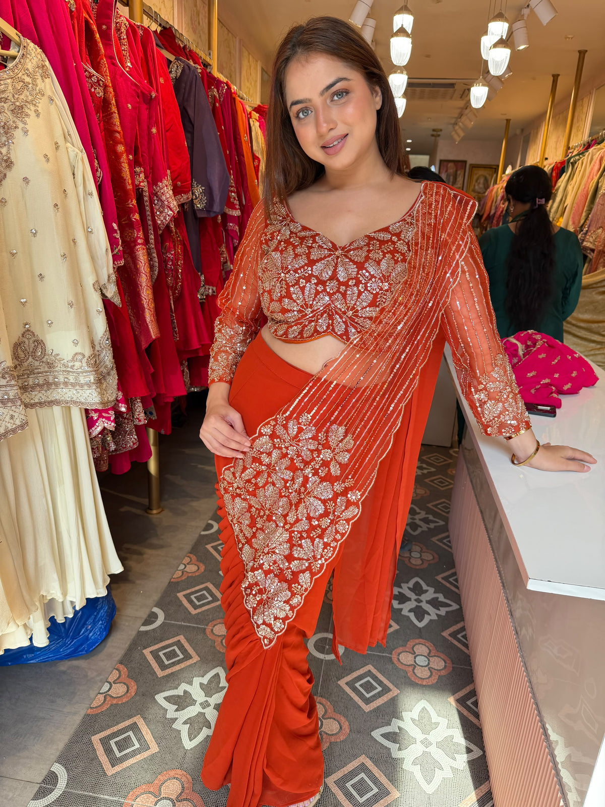 Embroidered Designer pre-draped saree
