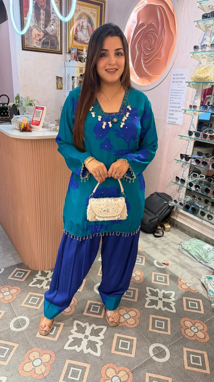 Turquoise Blue Printed Short Kurti with Patiala Salwar Set