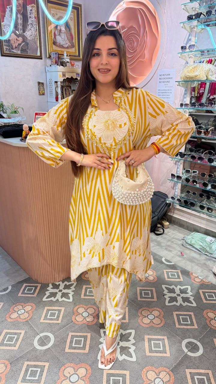 Mustard Yellow Printed Straight Kurta Set with Cigarette Pants