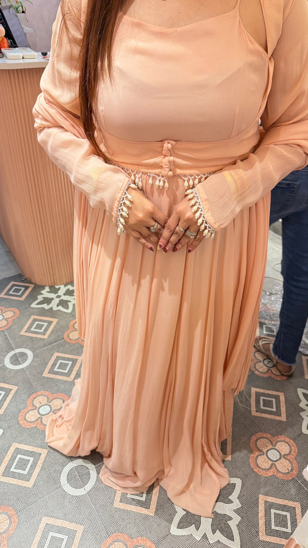 Peach Georgette Pleated Gown-Style Suit