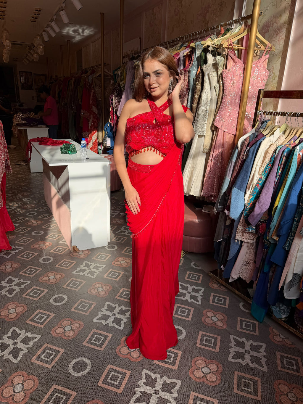 Red Draped Saree with Embellished Halter Crop Blouse