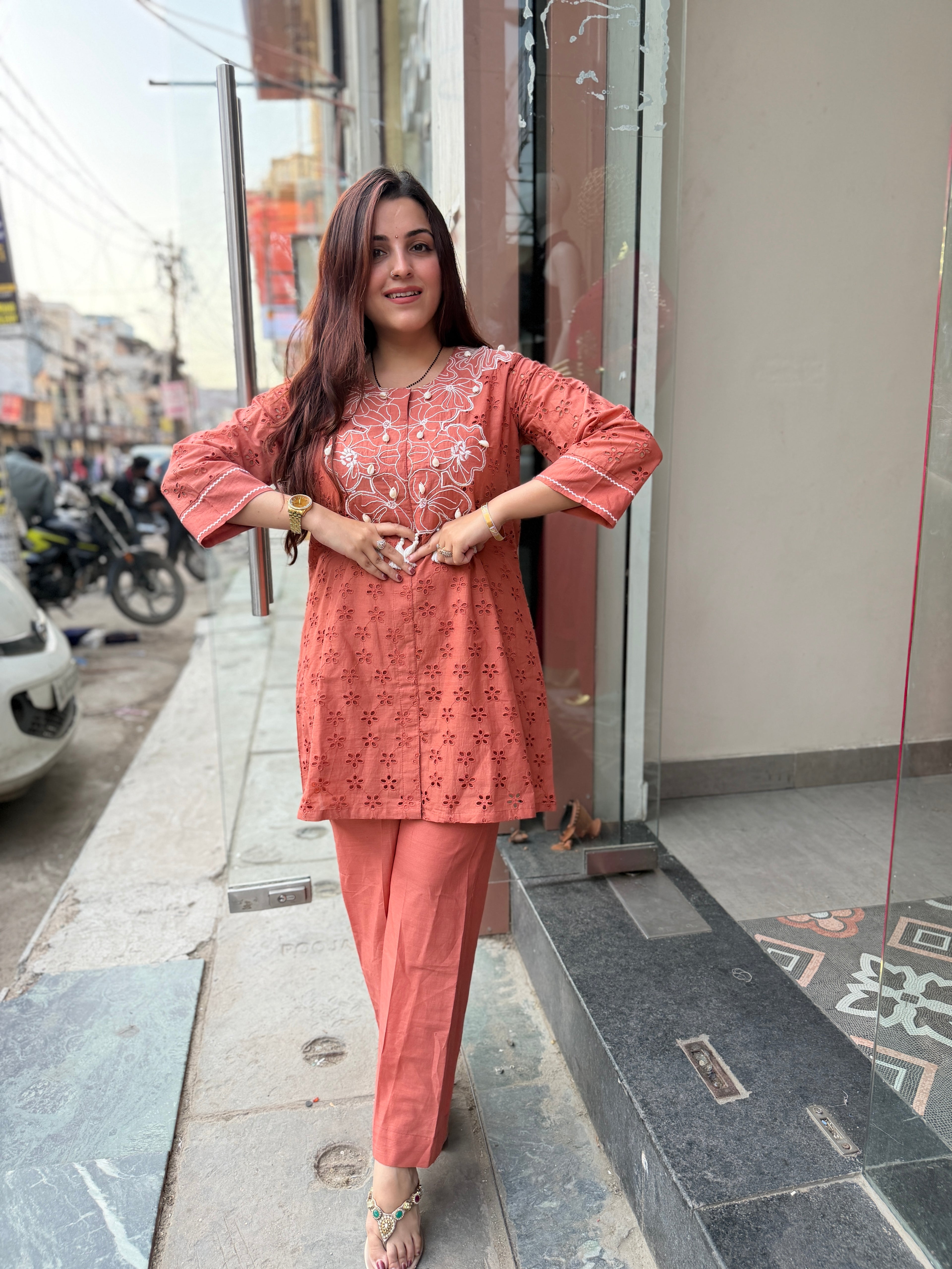 Rust cotton embroidered coord set