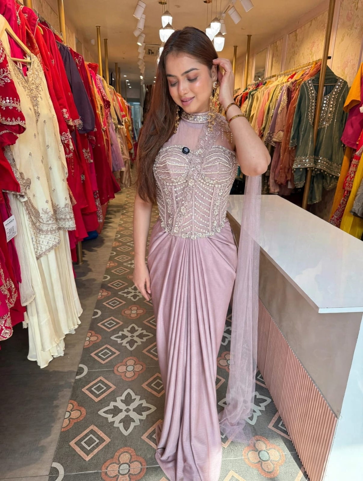 Mauve Pink Embellished Corset Draped Gown