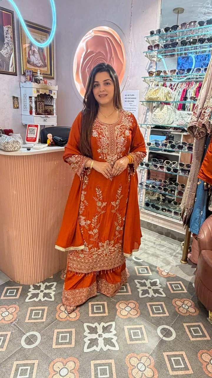 Embroidered Straight Kurta with Palazzo Pants & Dupatta