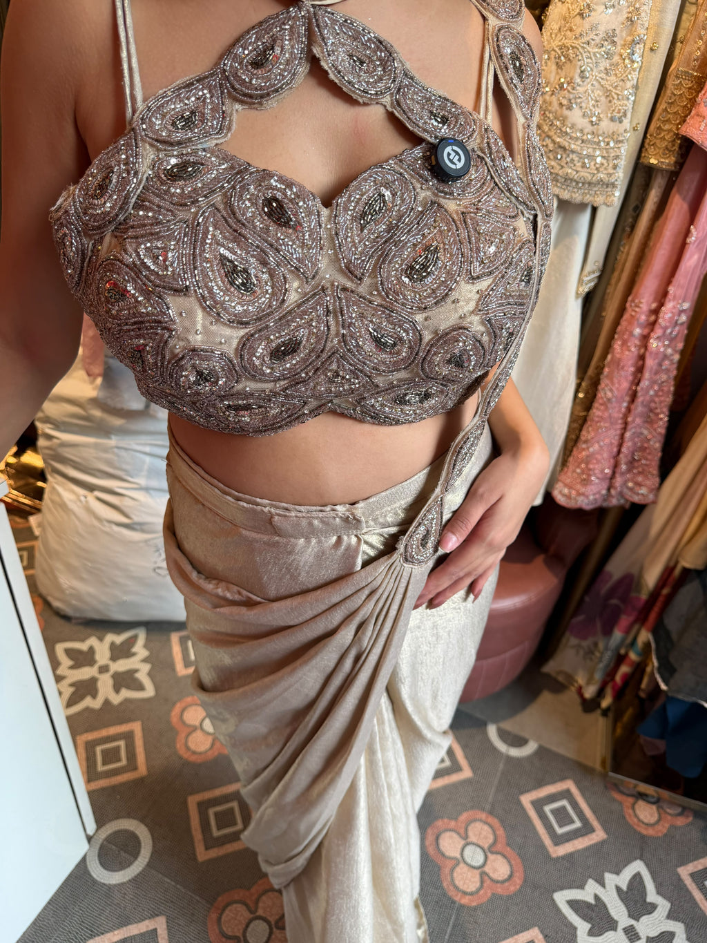 Silver Champagne Draped Saree with Embellished Halter-Neck Blouse
