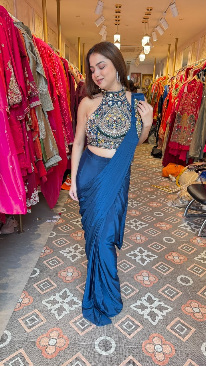 Pre-Draped Saree with Embellished Halter-Neck Blouse