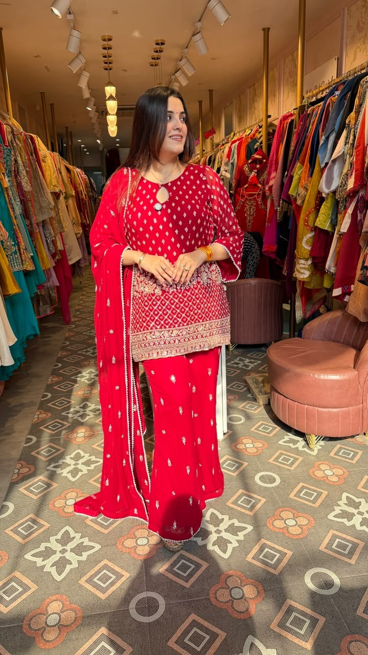 Red Chikankari-Style Embroidered Kurta with Palazzo Pants & Dupatta Set