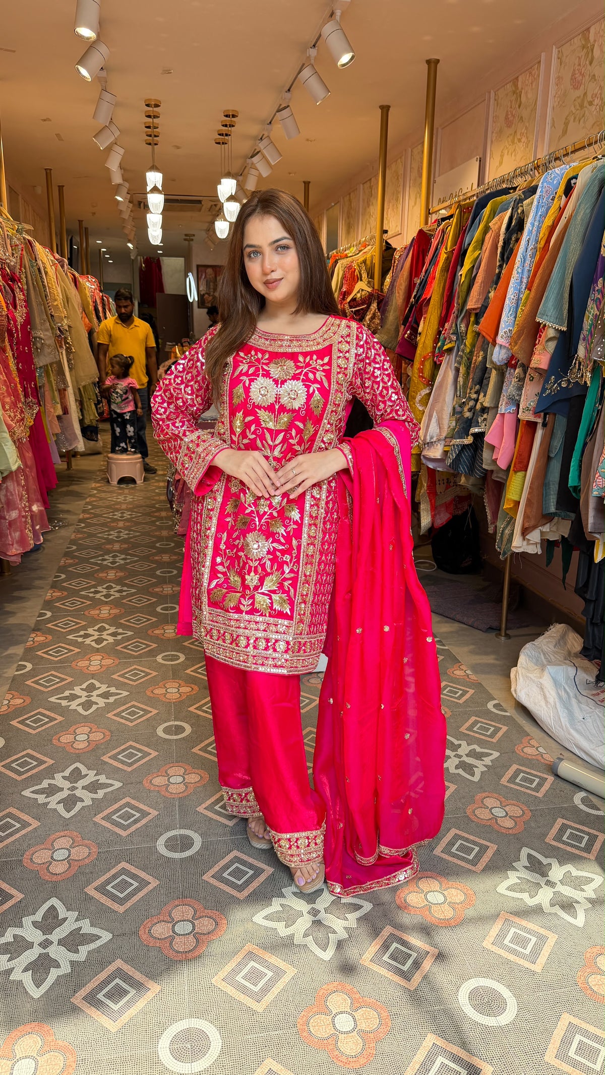 Fuchsia Embroidered Straight Kurta with Palazzo Pants & Dupatta