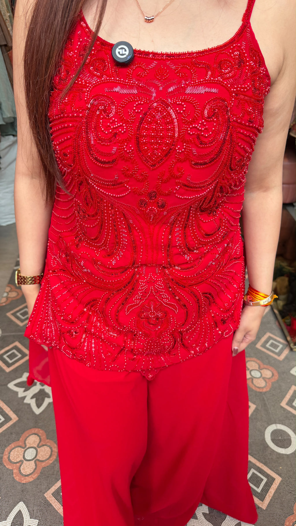 Red Embellished Peplum Palazzo Co-ord Set