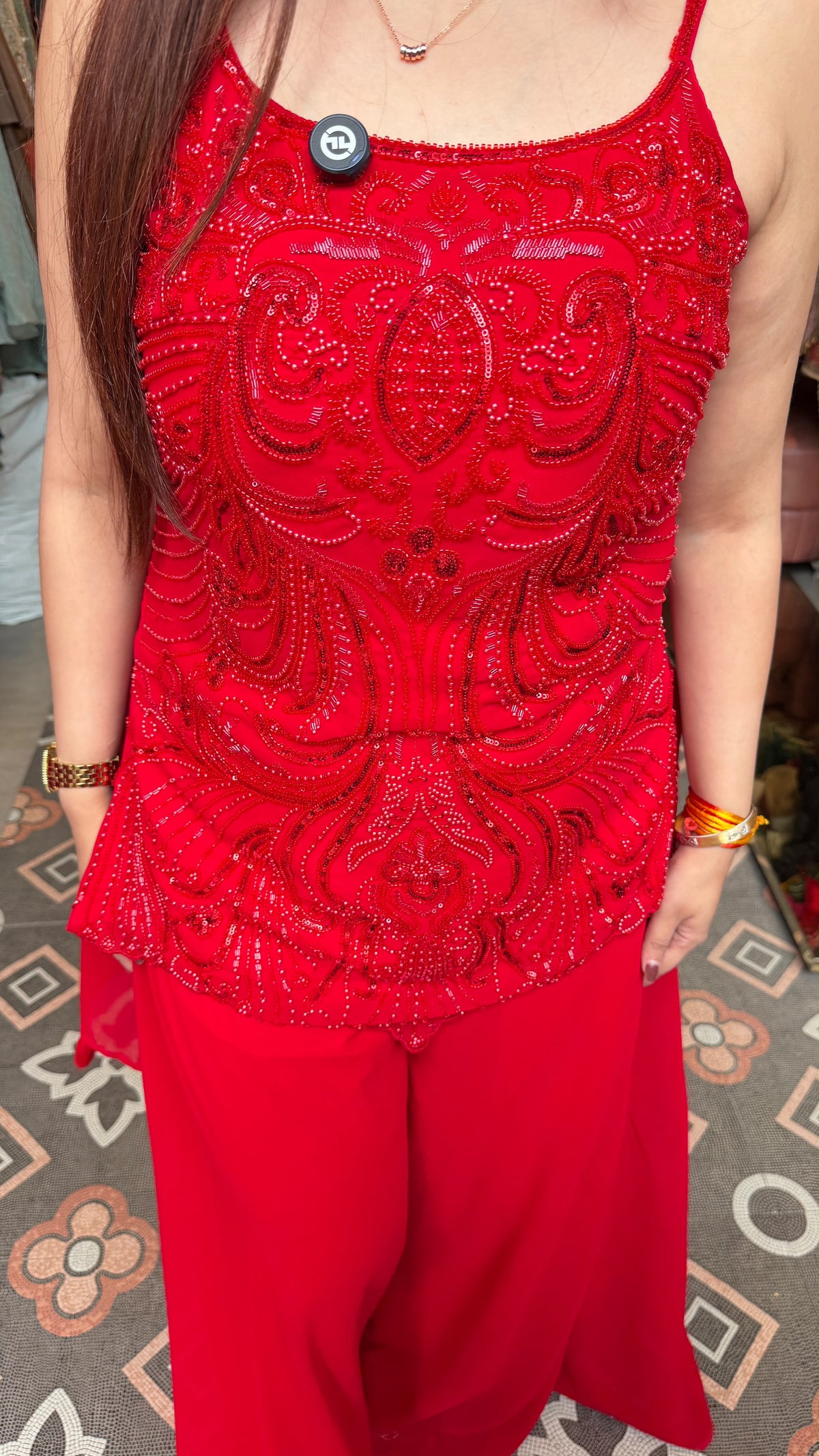 Red Embellished Peplum Palazzo Co-ord Set