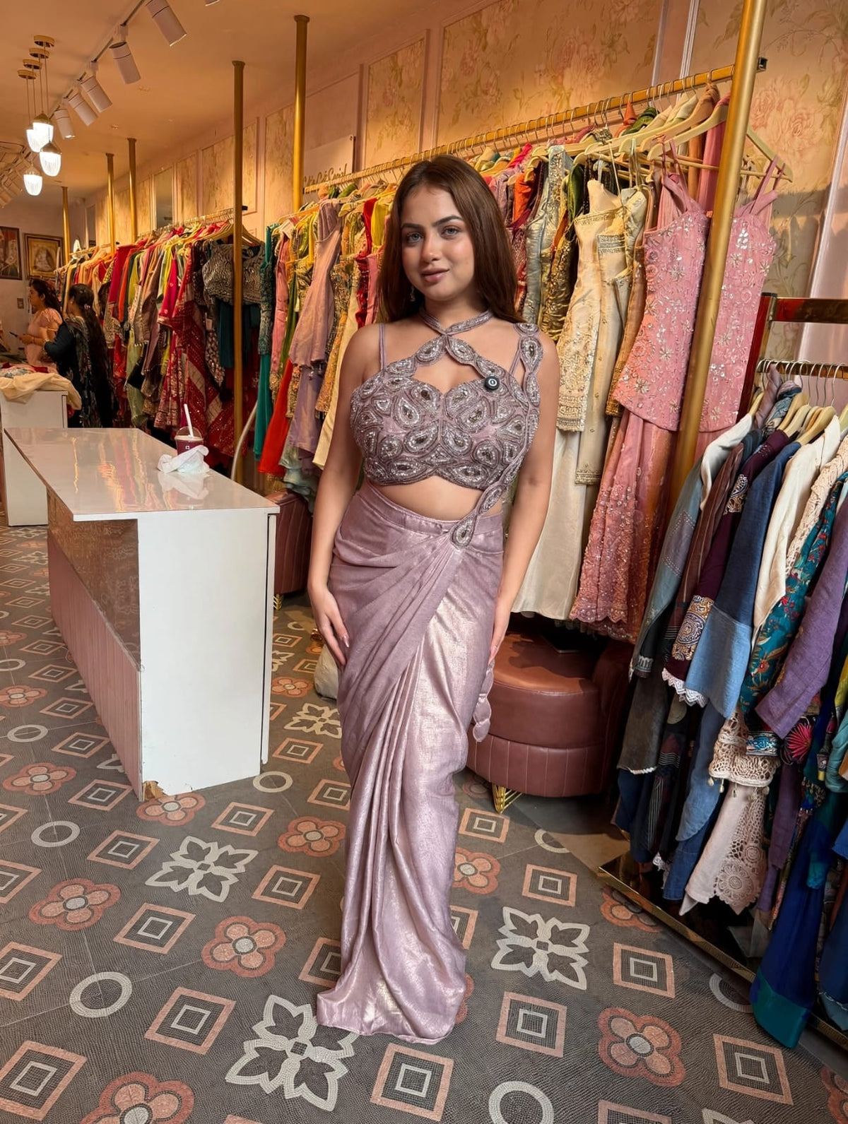 Silver Champagne Draped Saree with Embellished Halter-Neck Blouse