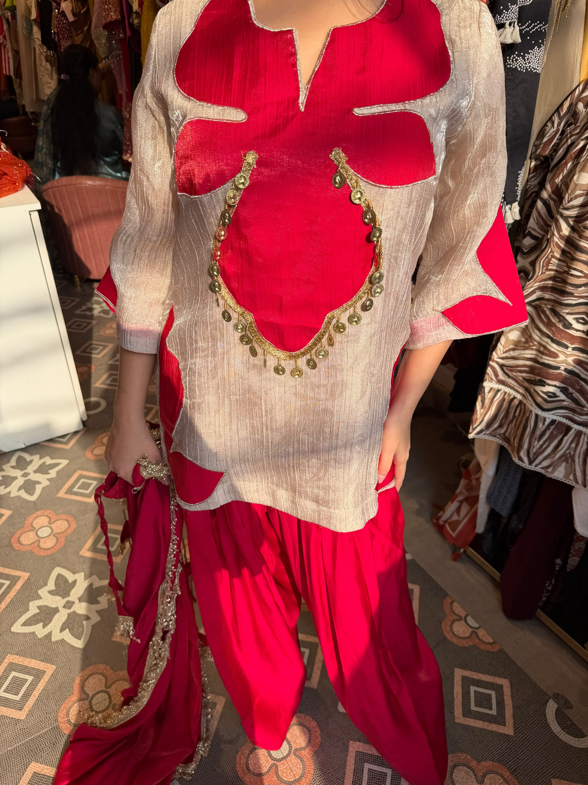 Fuchsia Peplum Kurta with Gharara & Dupatta Set