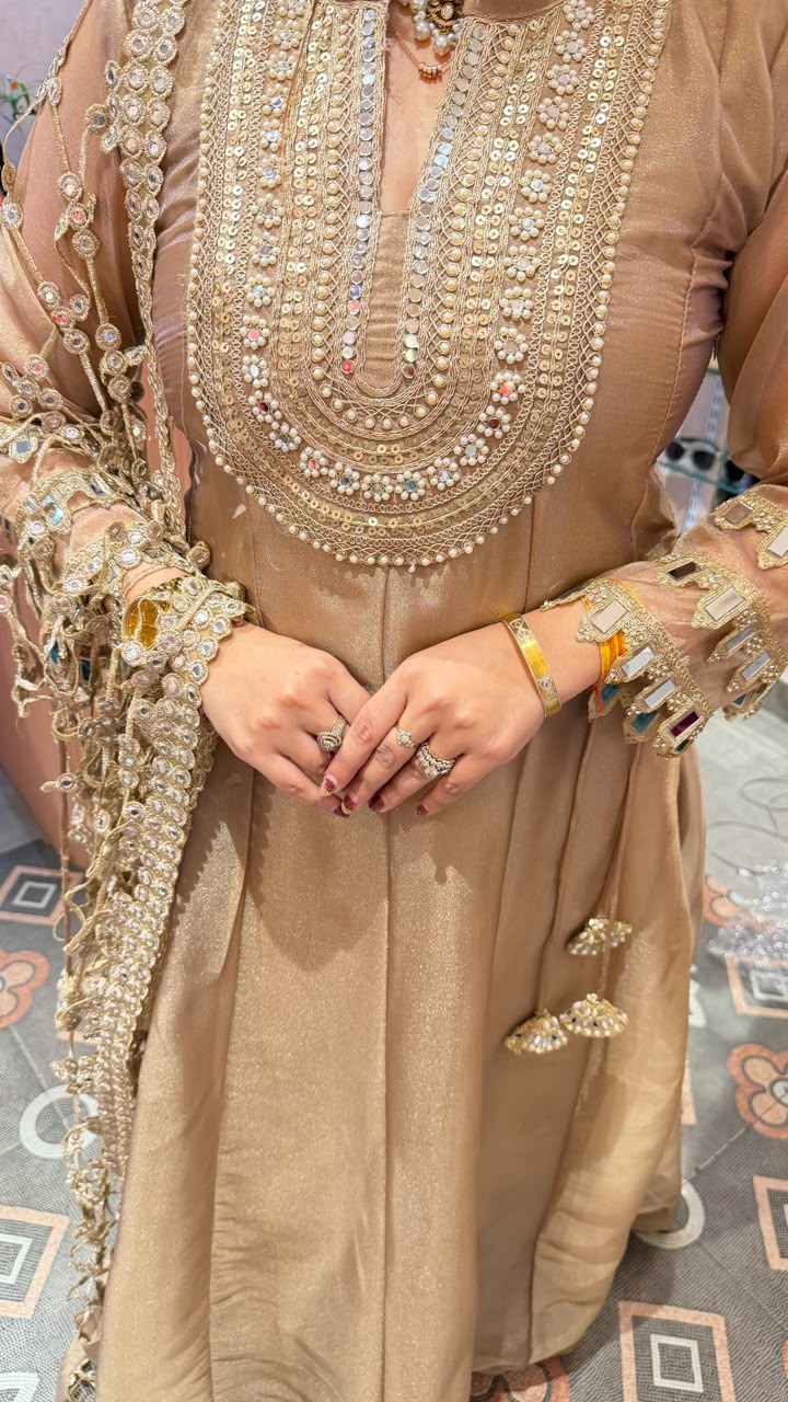 Champagne Gold Anarkali Gown with Heavy Pearl & Mirror Embroidery