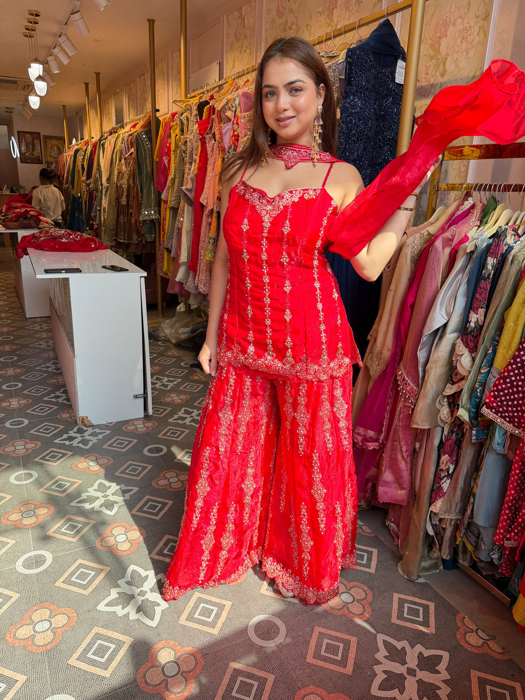 Red Embroidered Sharara Suit with Sleeveless Peplum Top
