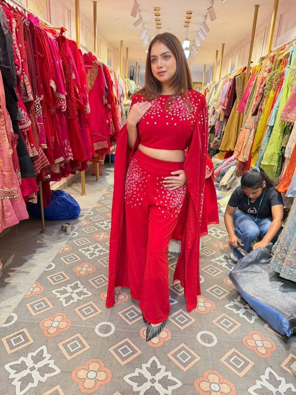 Stylish Embroidered Crop Top with Pant & Cape Indo-Western Co-Ord Set