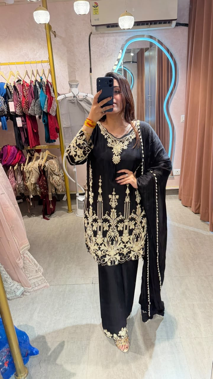 Pakistani-style heavy embroidered georgette palazzo suit set.