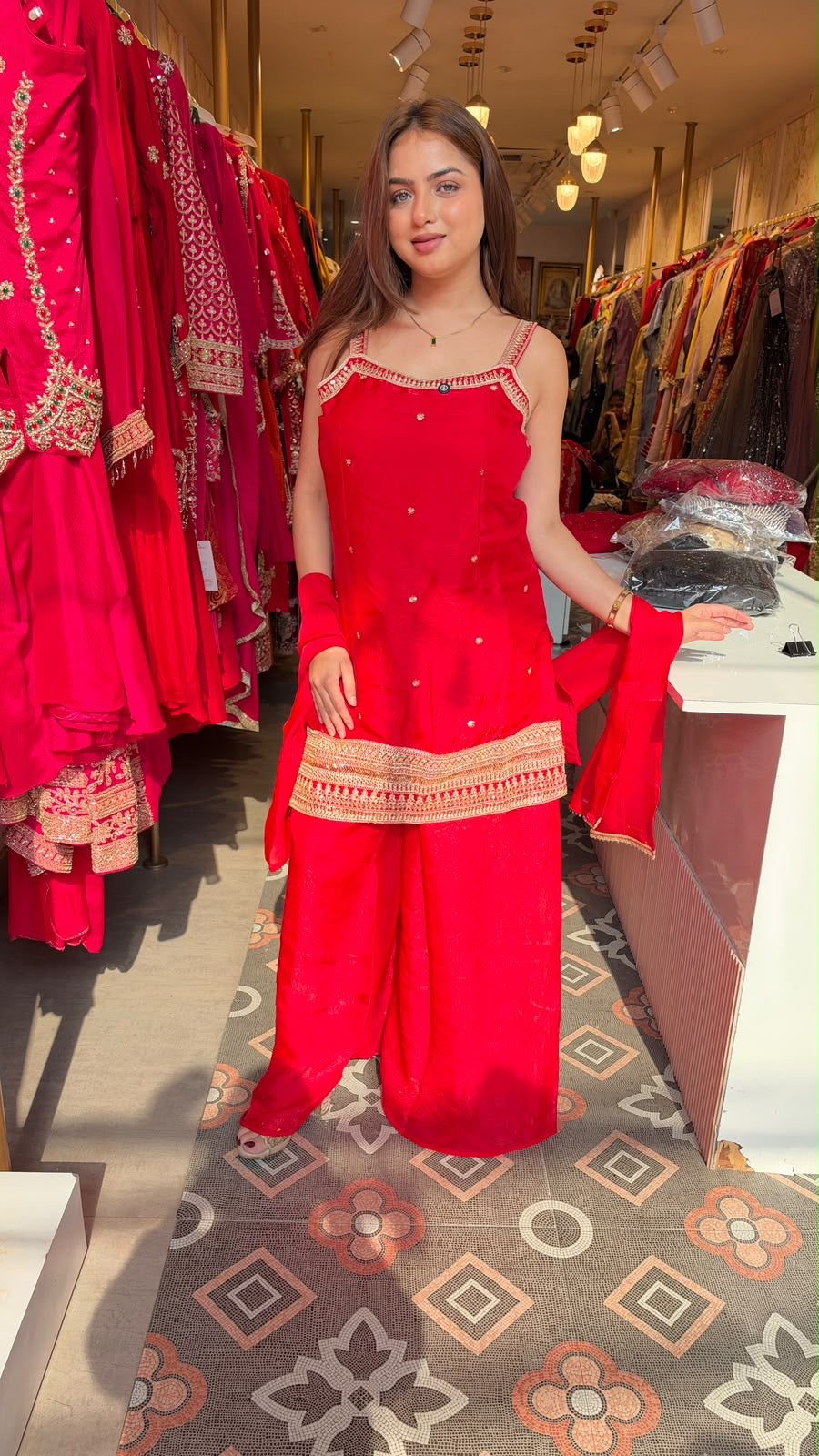 Red Punjabi Sleeveless Kurti with Palazzo suit