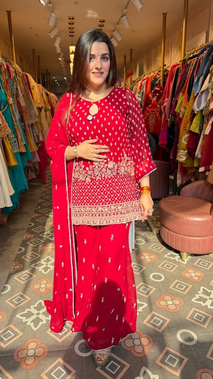 Red Chikankari-Style Embroidered Kurta with Palazzo Pants & Dupatta Set