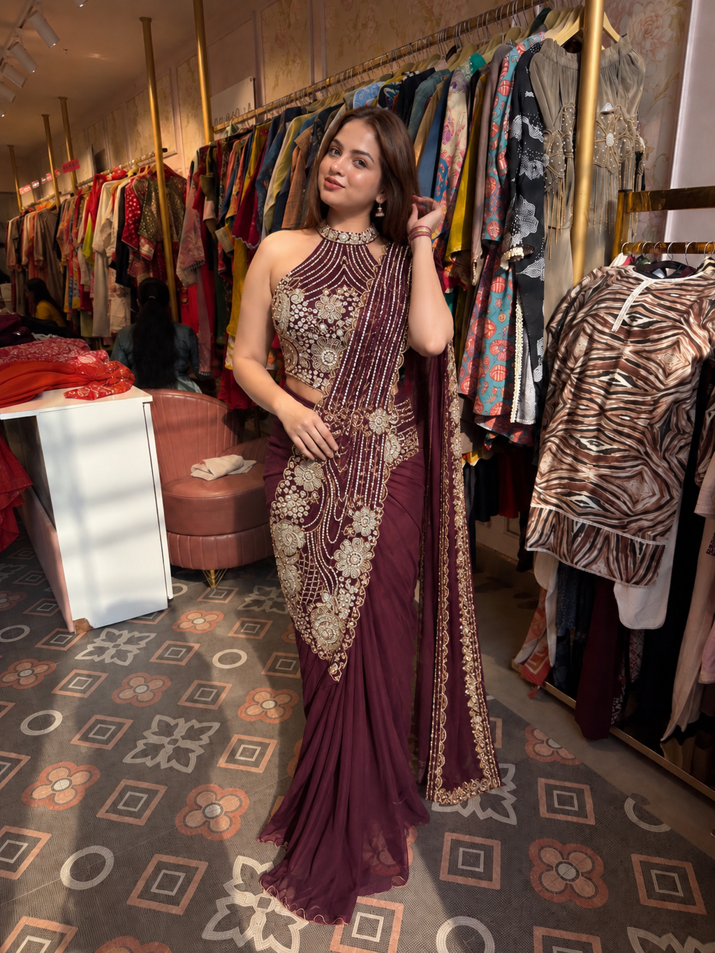 Red Embroidered Pre-Draped Saree with Halter-Neck Blouse