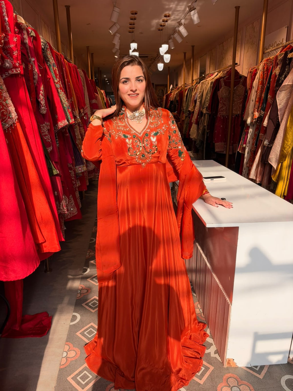 Rust Orange Embroidered Floor-Length Anarkali suit with Matching Dupatta