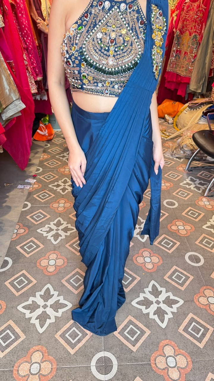 Pre-Draped Saree with Embellished Halter-Neck Blouse