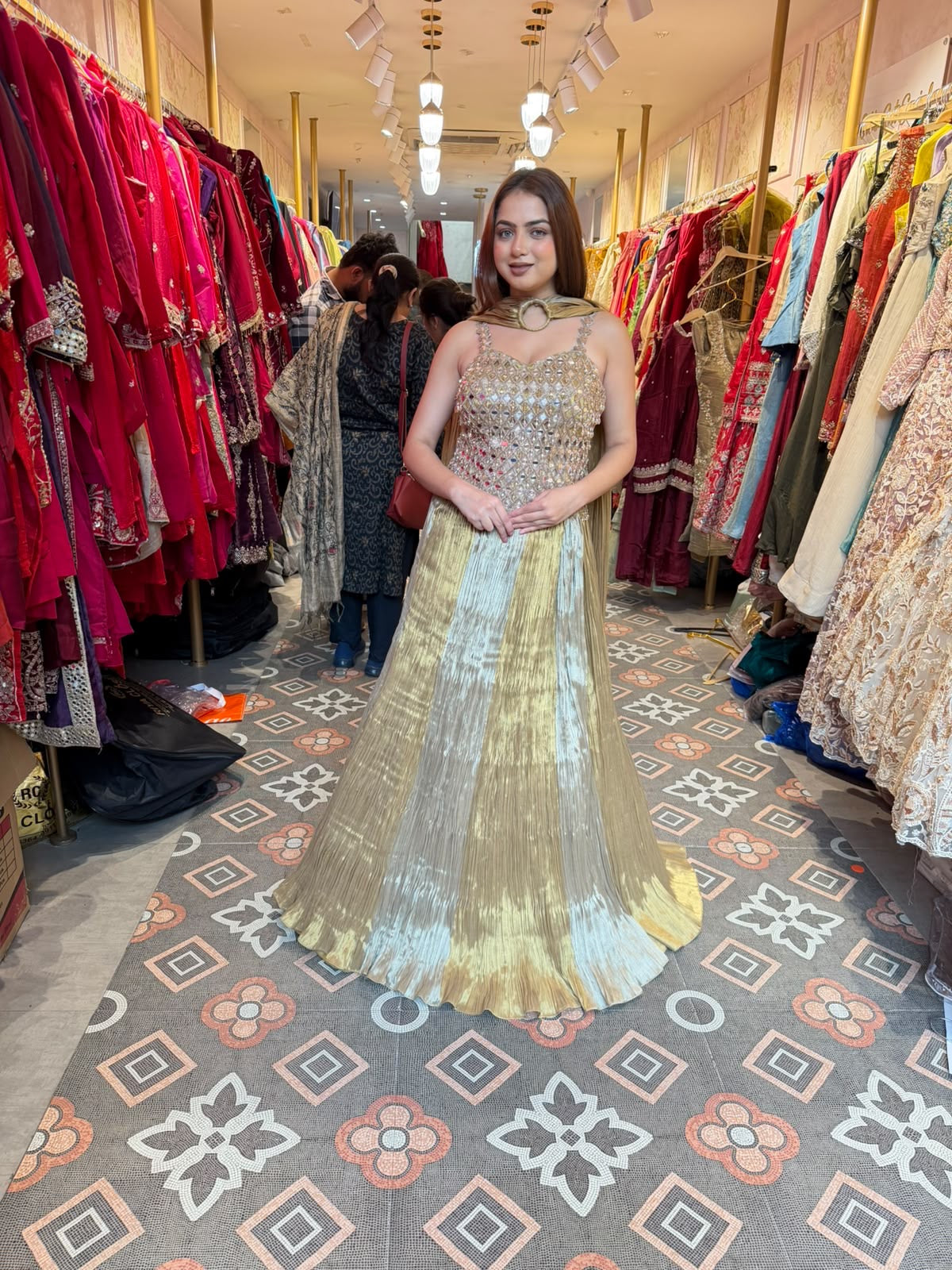 Champagne Gold Mirror-Work Corset Lehenga