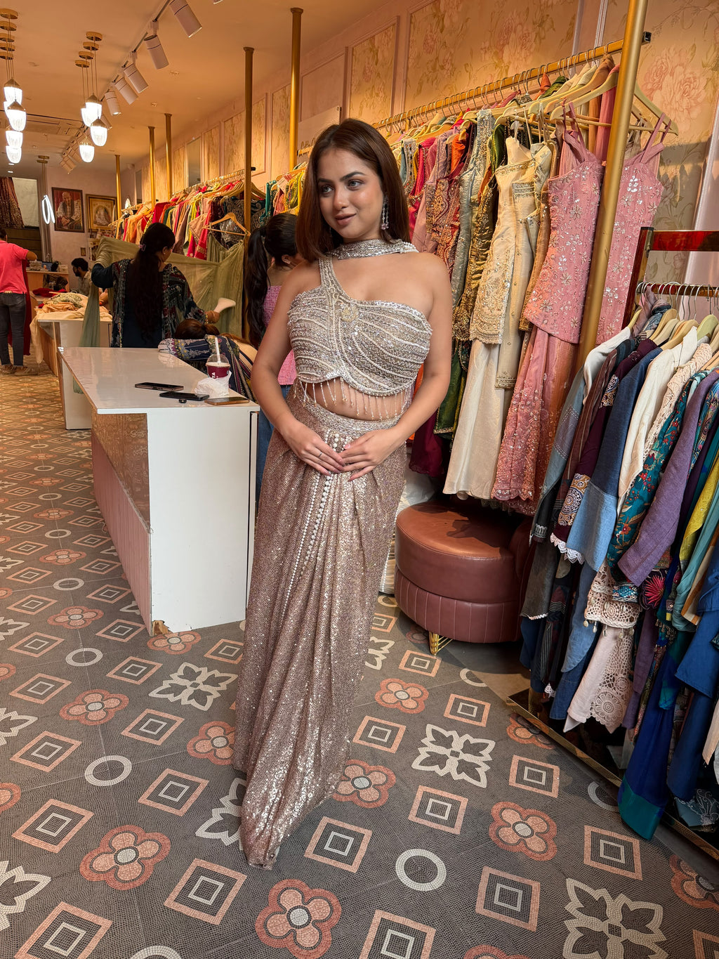 Champagne Rose Sequined Pre-Draped Saree with Corset Blouse