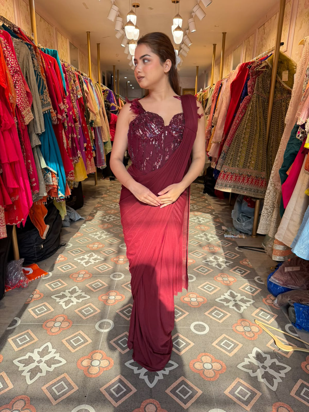 Glamorous Wine Draped Saree Gown with Embellished Corset Blouse