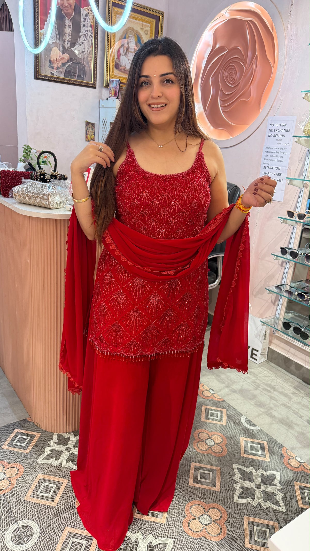 Red Embroidered Kurta Palazzo Set with Matching Dupatta