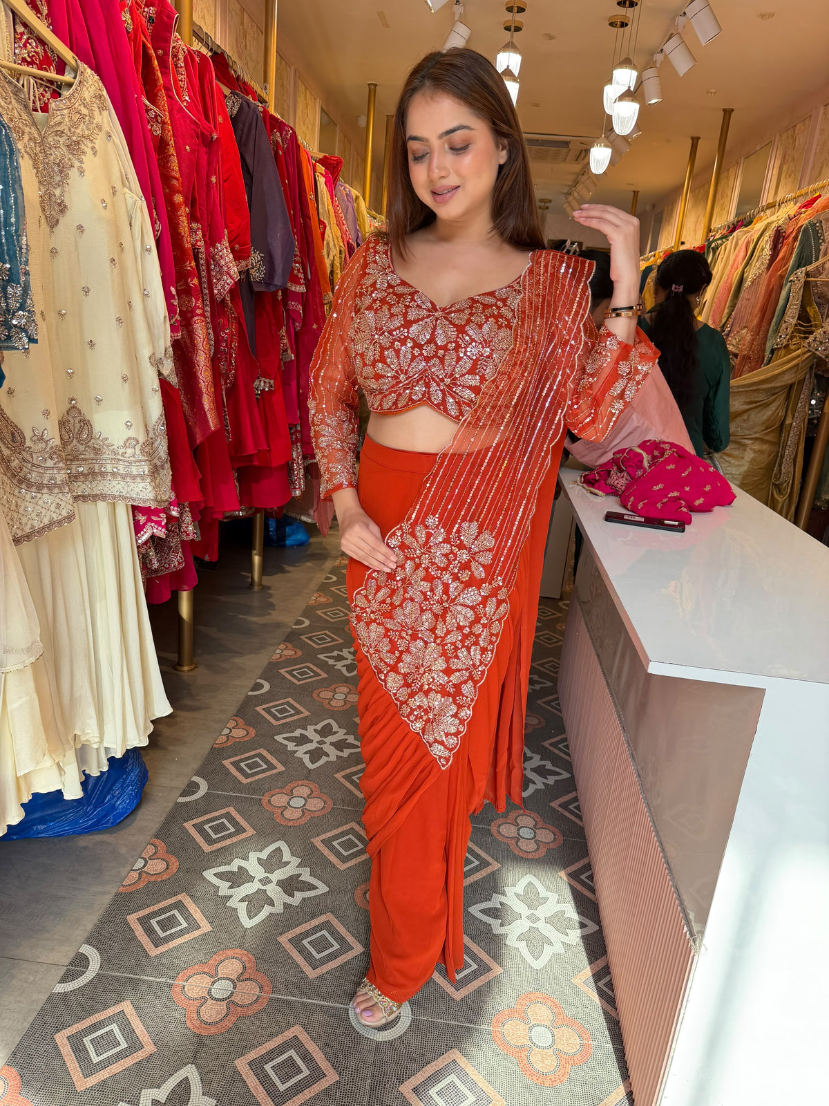 Embroidered Designer pre-draped saree