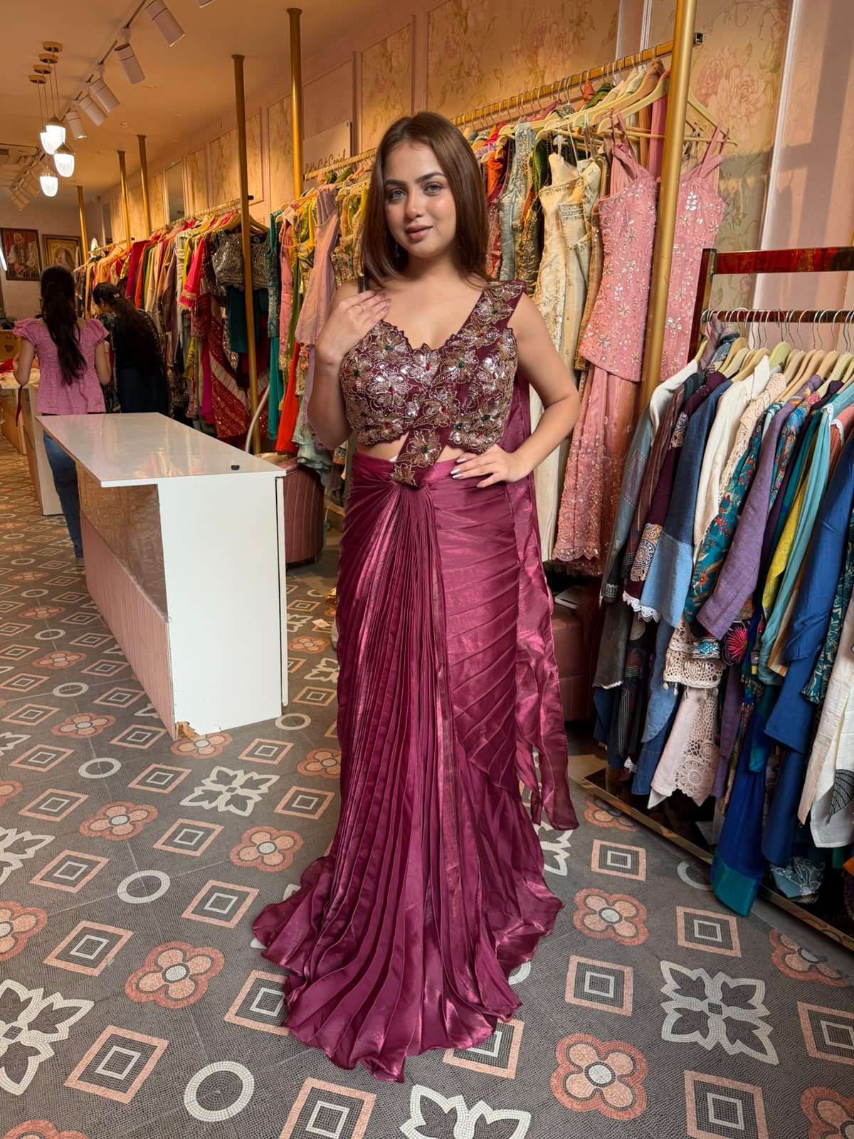Draped Pre-Pleated Saree with Embellished Blouse