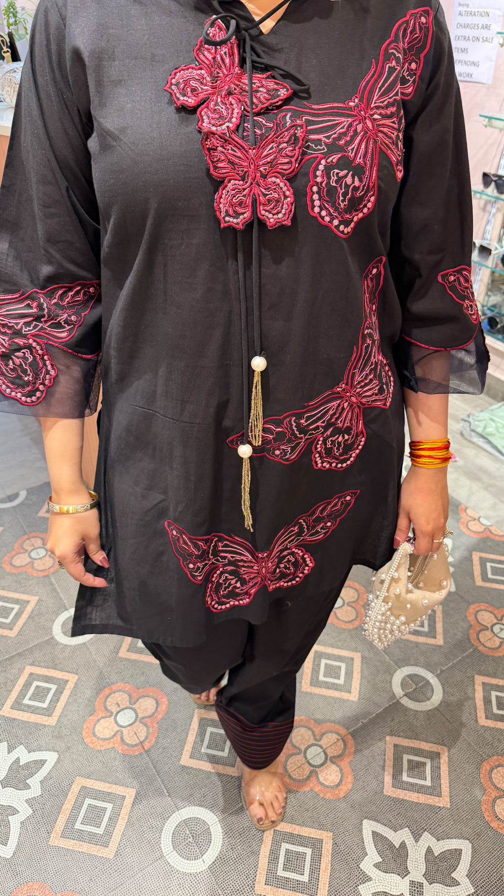 Untitled Black Embroidered Butterfly Motif Kurta Pant Set