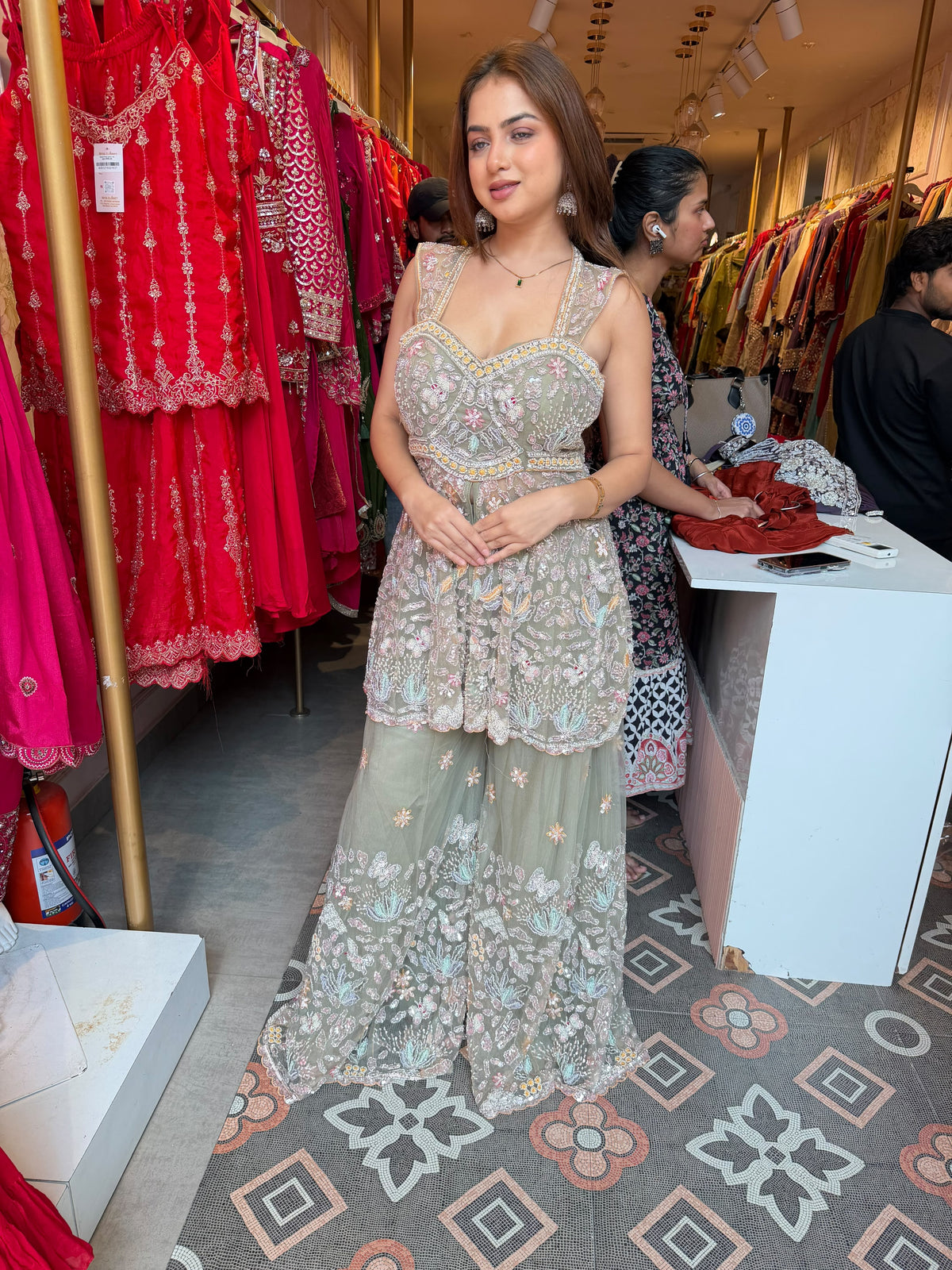 Green Embroidered Peplum Sharara Set