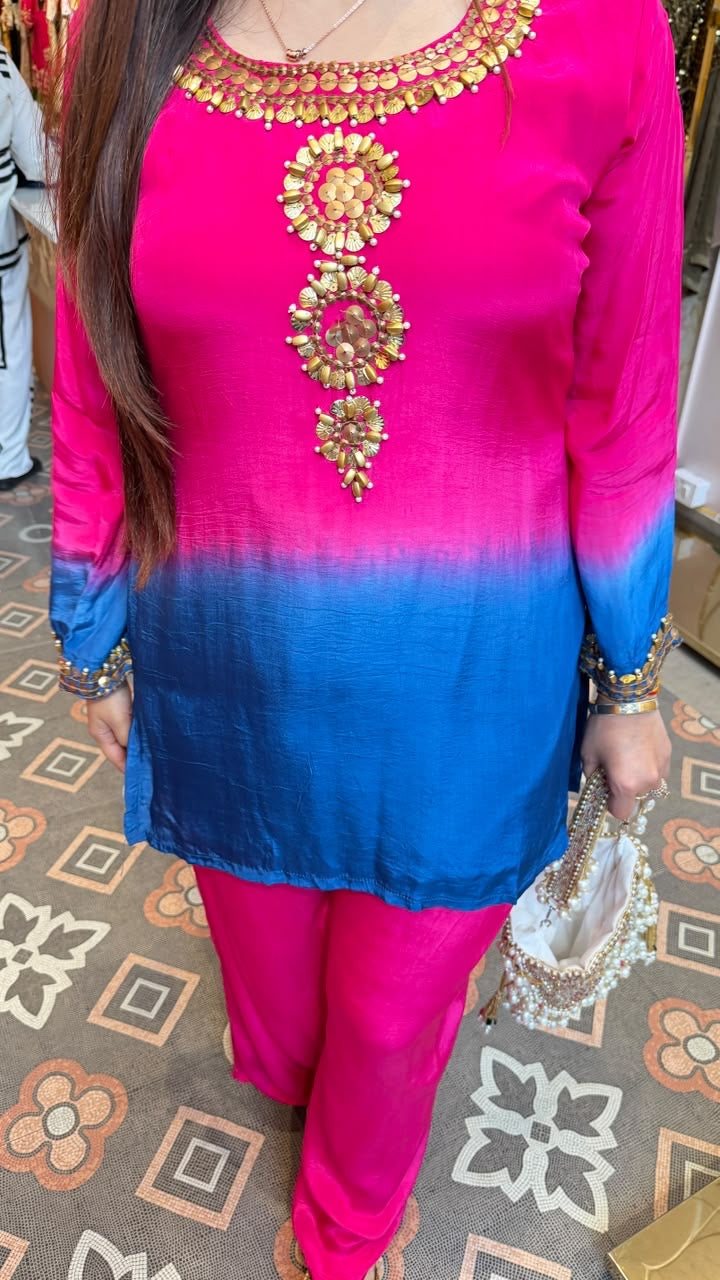 Ombre Pink & Royal Blue Silk Straight Kurta Set