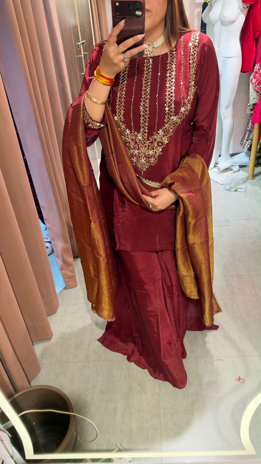 Wine Maroon Embroidered Punjabi Suit with Silk Dupatta