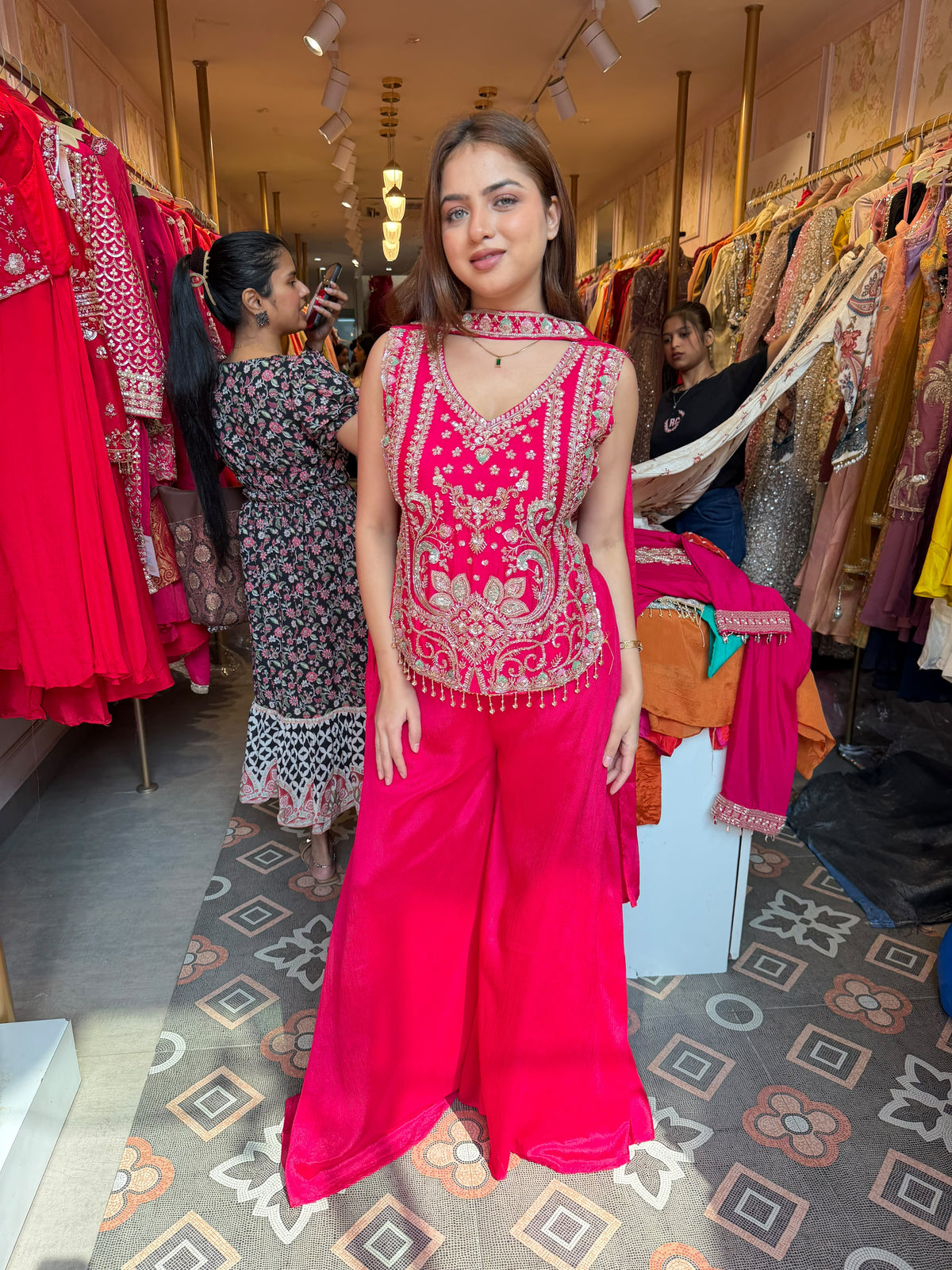 Royal Rani Pink Embroidered Palazzo Suit