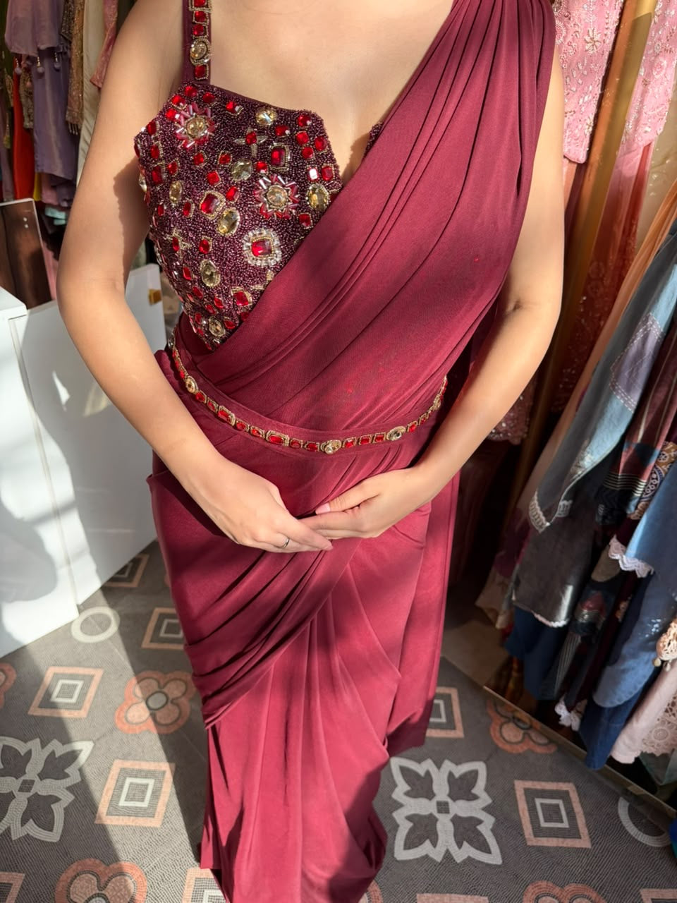 Draped Saree with Embellished Bustier Blouse