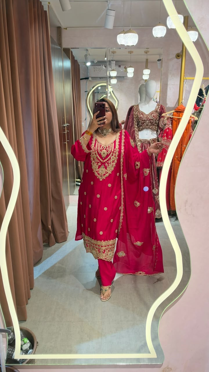 Regal Red Embroidered Straight-Cut Suit