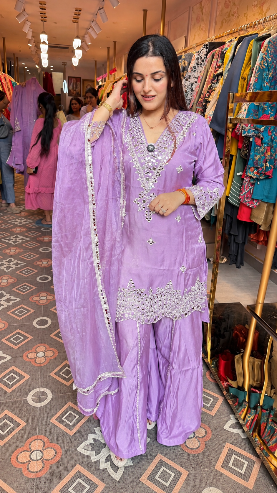 Chikankari-Style Kurta with Palazzo Pants & Dupatta Set