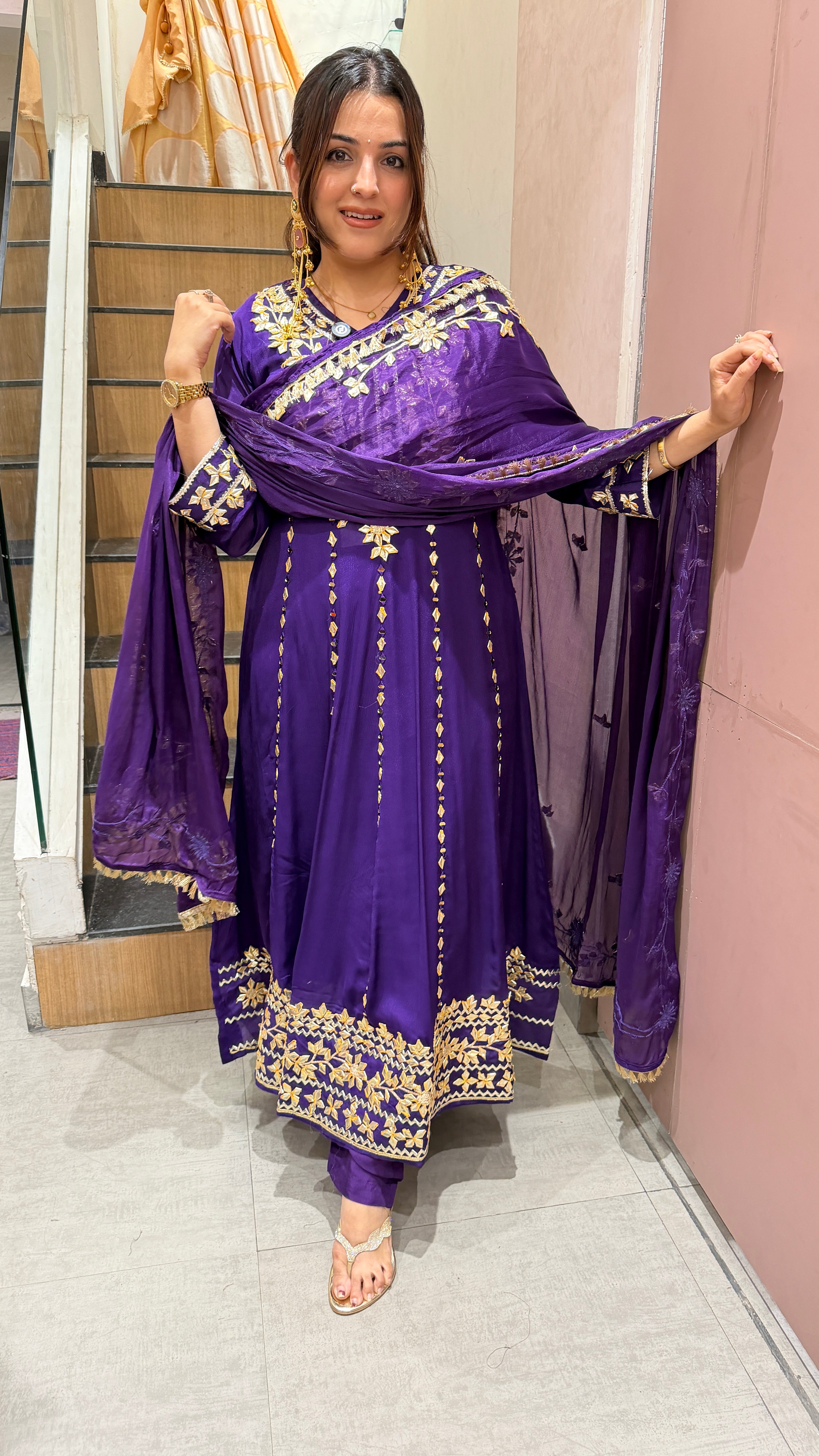 Royal Purple Gota Patti Embroidered Anarkali Suit Set with Dupatta
