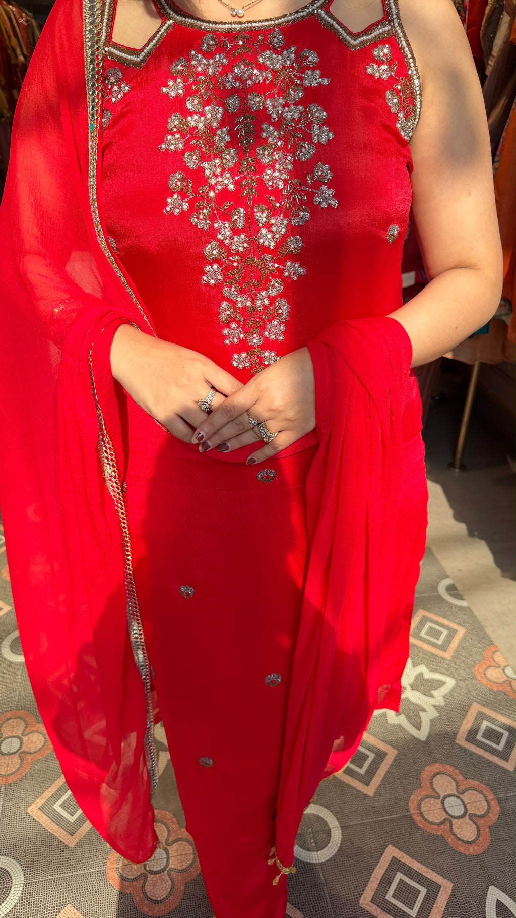 Bright Red Embroidered Straight-Cut Suit